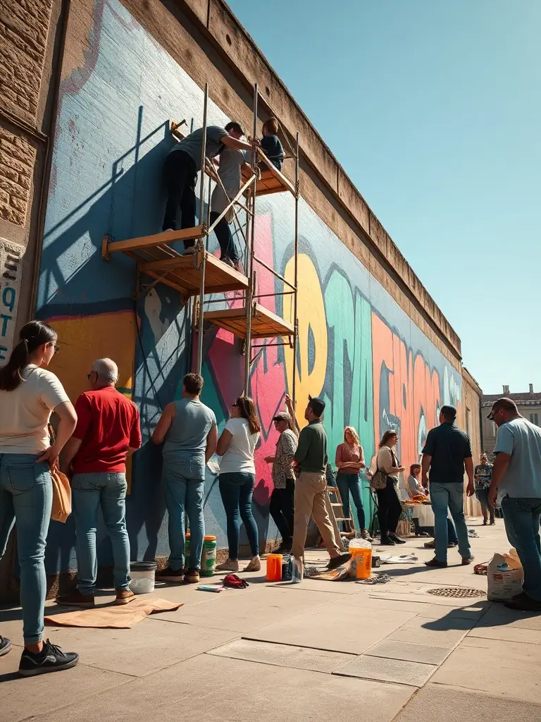 A photograph capturing a community art project in Marseille, with local residents and artists working together on a mural.
