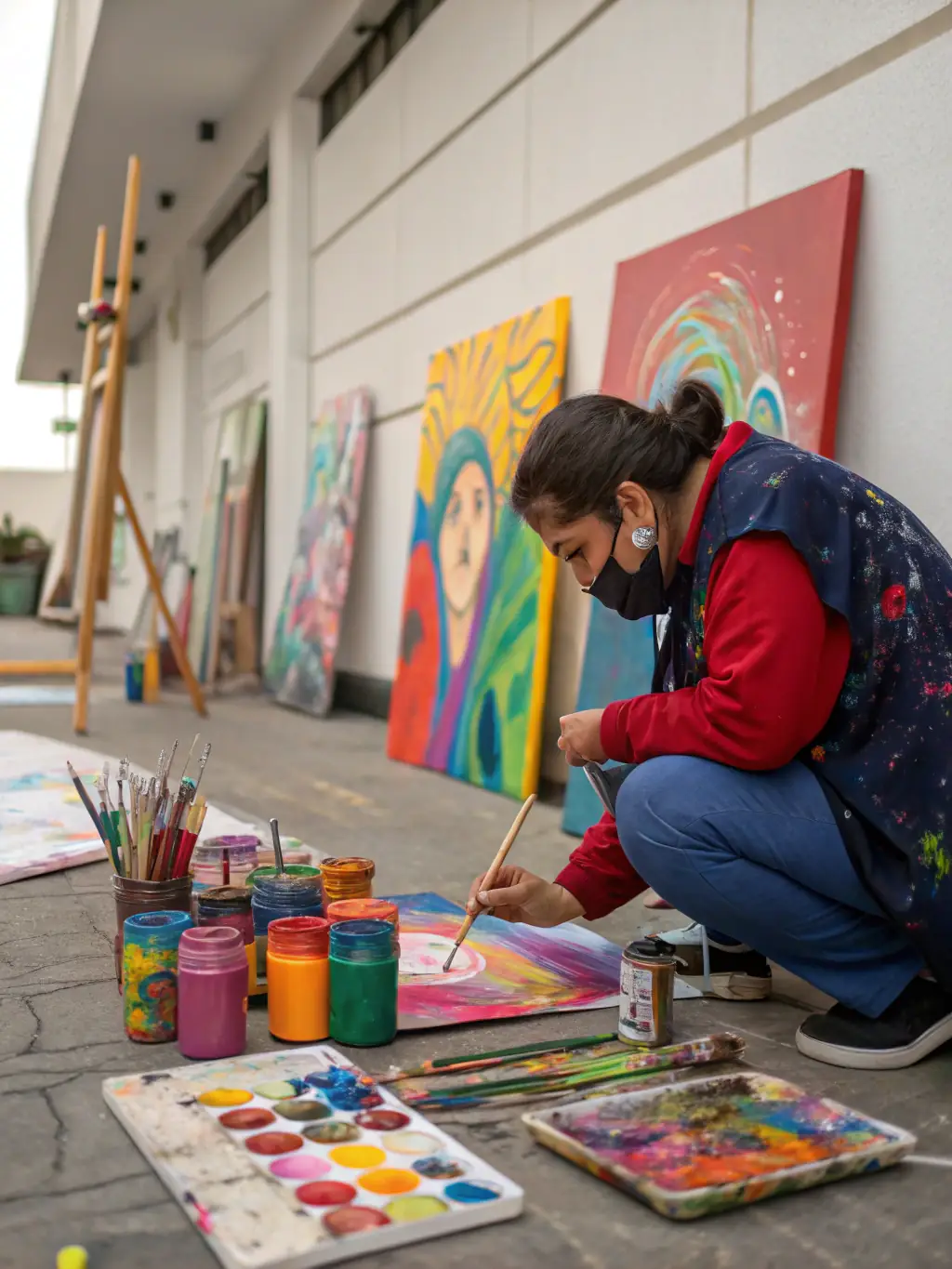 An image of a resident artist deeply engrossed in their work within the HCAC studio space, surrounded by their art supplies and creations.