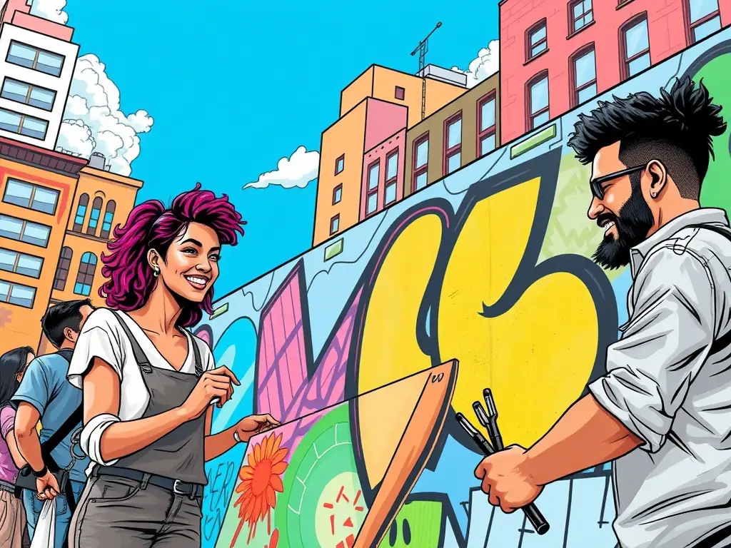 A diverse group of artists collaborating on a large-scale mural project in a public space, demonstrating the collaborative spirit and community engagement of HCAC's initiatives.