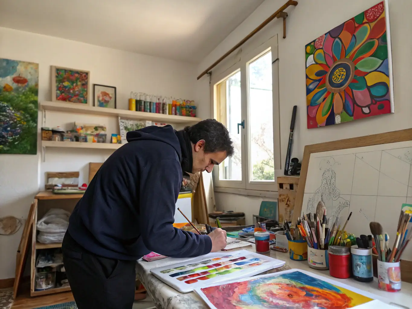 A brightly lit studio space with an artist working on a large canvas, surrounded by various art supplies and tools, showcasing the creative environment of HCAC's residency program.